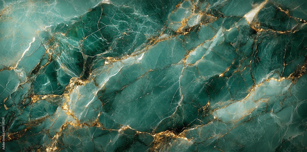 Poster a close-up view of a textured green marble surface with golden veins.