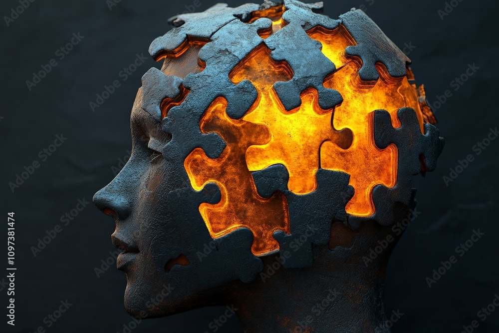 Aufkleber human head with glowing orange puzzle pieces breaking apart symbolizing problem solving emotional gr