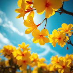 Obraz premium Radiant yellow tabebuia blossoms shining in the sunlight against a blue sky, sunny day, botanical species, sunlight, tropical tree