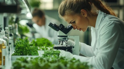 Biologists study plant cell samples under a microscope in a modern laboratory.