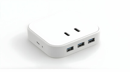 White USB hub with three USB-A ports and one USB-C port on a white background.