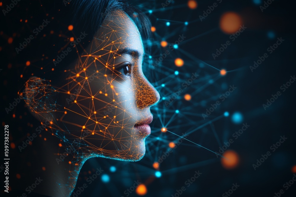 Poster womans profile illuminated by glowing blue nodes and orange networks representing digital innovation