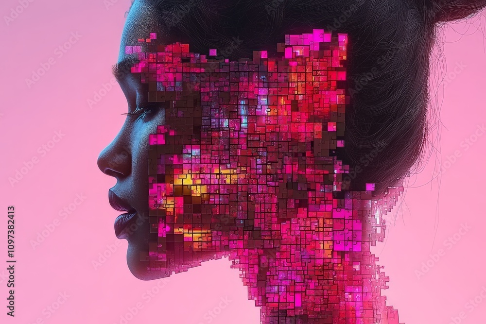 Poster female face pixelated into vibrant pink and magenta squares symbolizing digital transformation creat