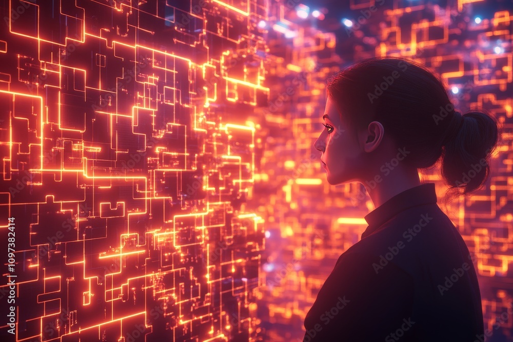Poster female silhouette glowing with orange light grids against a digital background symbolizing data flow