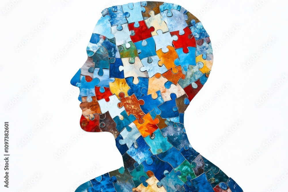 Poster abstract human head constructed of interlocking blue and orange puzzle pieces symbolizing creative p