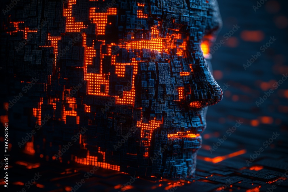 Poster male face glowing with neon orange grids symbolizing technological innovation digital connection and