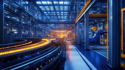 Fototapeta premium Industrial factory with futuristic equipment, robotic conveyor belts, bright and metallic color scheme 