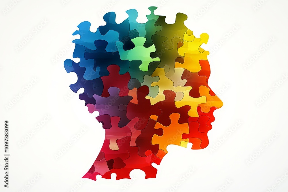 Aufkleber human profile outlined with colorful puzzle fragments against a white backdrop symbolizing creativit