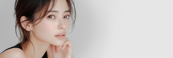 スキンケア、ビューティー素材。ナチュラルメイクが美しい日本人の女性の美容イメージ