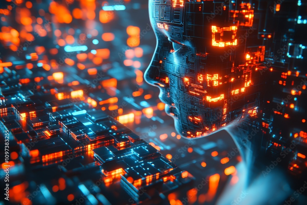 Poster human head constructed of orange glowing puzzle pieces with intricate digital overlays symbolizing c