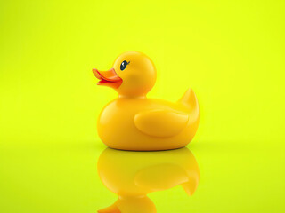 Fototapeta premium Single rubber duck isolated on green background with reflection, reflection, toy, colorful