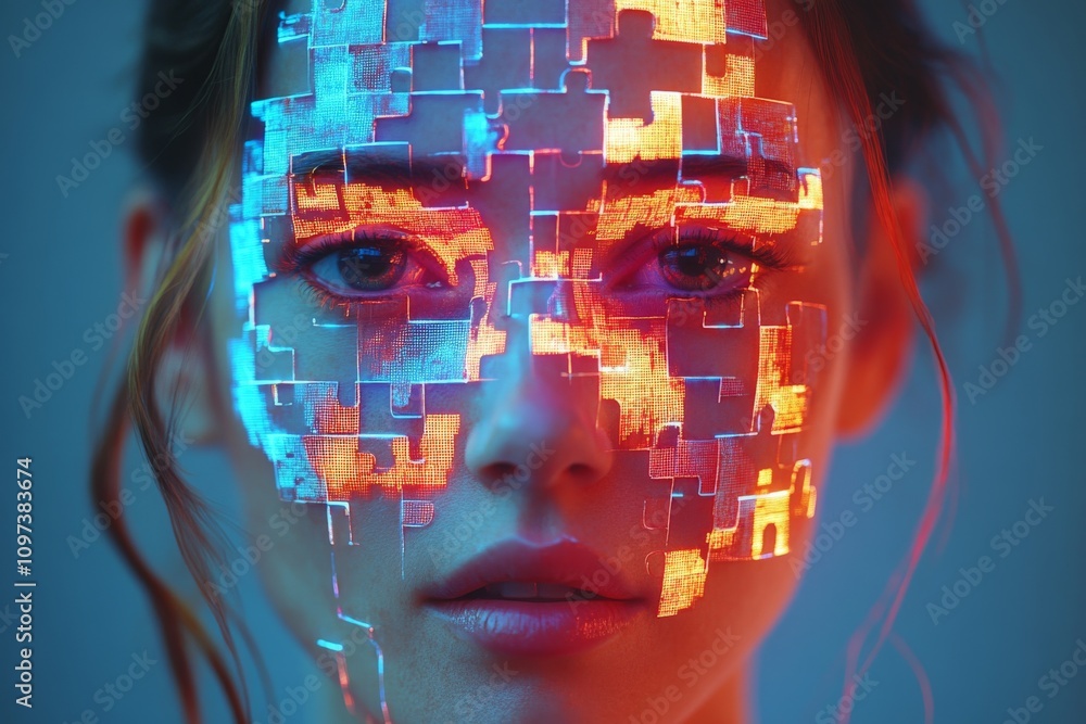 Poster womans face overlaid with glowing blue and orange puzzle grids symbolizing cognitive exploration ind