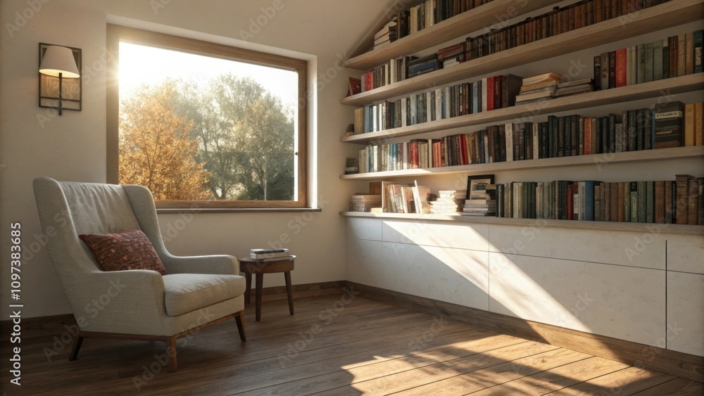 Poster sunlight filters through a small window illuminating a collection of neatly lined books on floating 