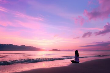 Woman meditating on beach at sunset, peaceful ocean view.