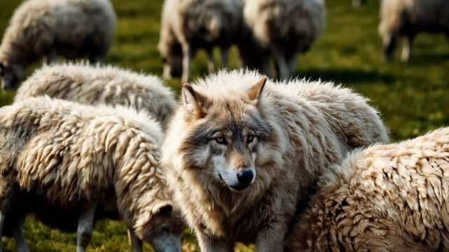A wolf camouflaged in a flock of sheep. 03.