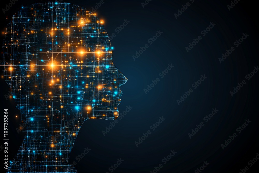 Poster female profile dissolving into glowing orange puzzle fragments amidst a dark cloudy background symbo