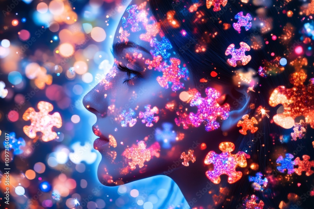 Poster womans face blending into vibrant colorful puzzle pieces with glowing effects representing identity 