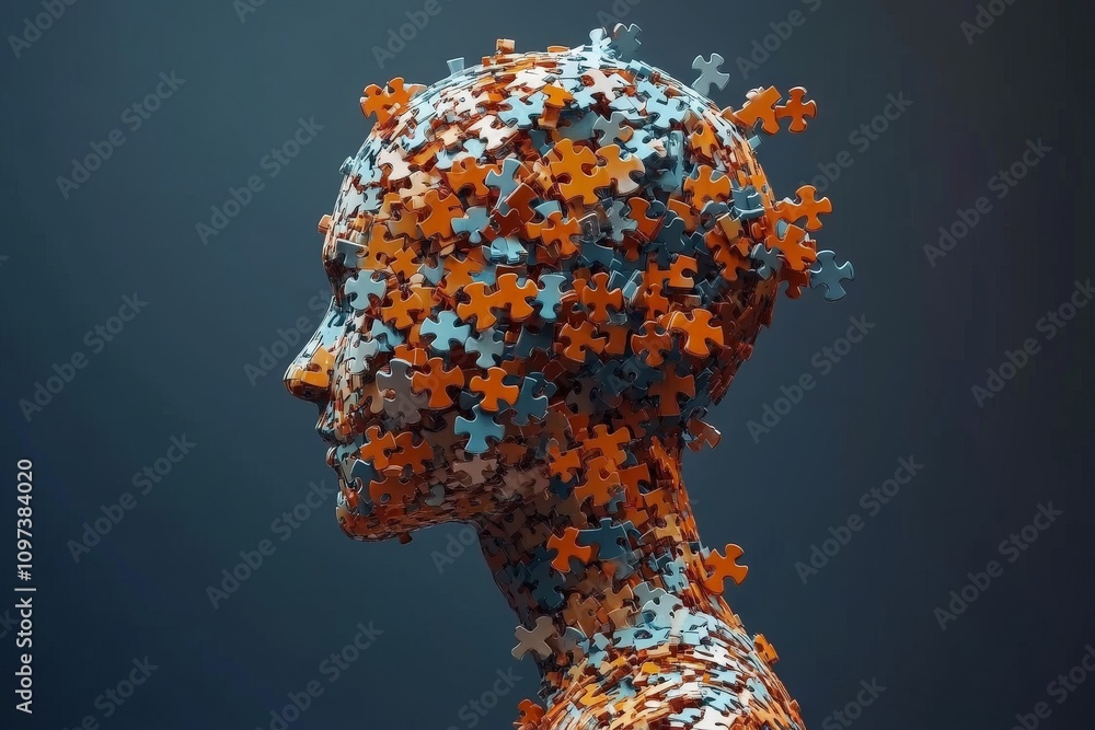 Poster female figure constructed of interlocking puzzle pieces symbolizing problem solving individuality an