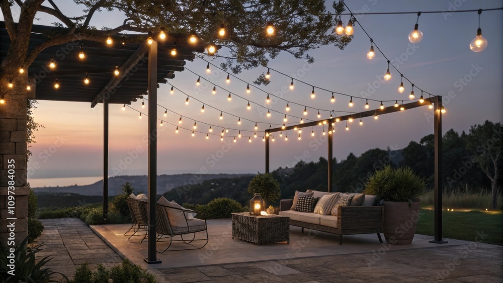 Poster twinkling string lights are suspended above the seating area illuminating the patio with a soft ench