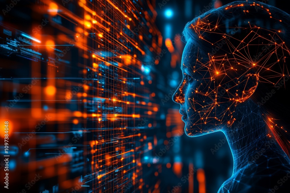 Poster digital profile of a glowing human face with flowing orange light trails representing neural network