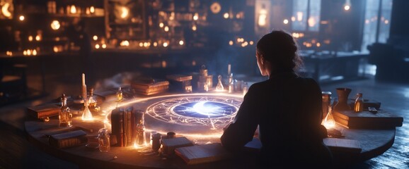 Woman performs magic ritual at round table with glowing runes.