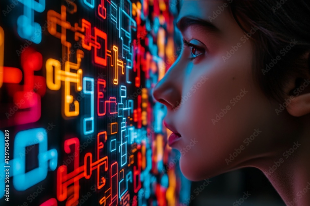 Poster close up of a womans face overlaid with glowing digital symbols and red light symbolizing technology