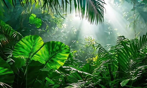 A dense tropical rainforest with thick green