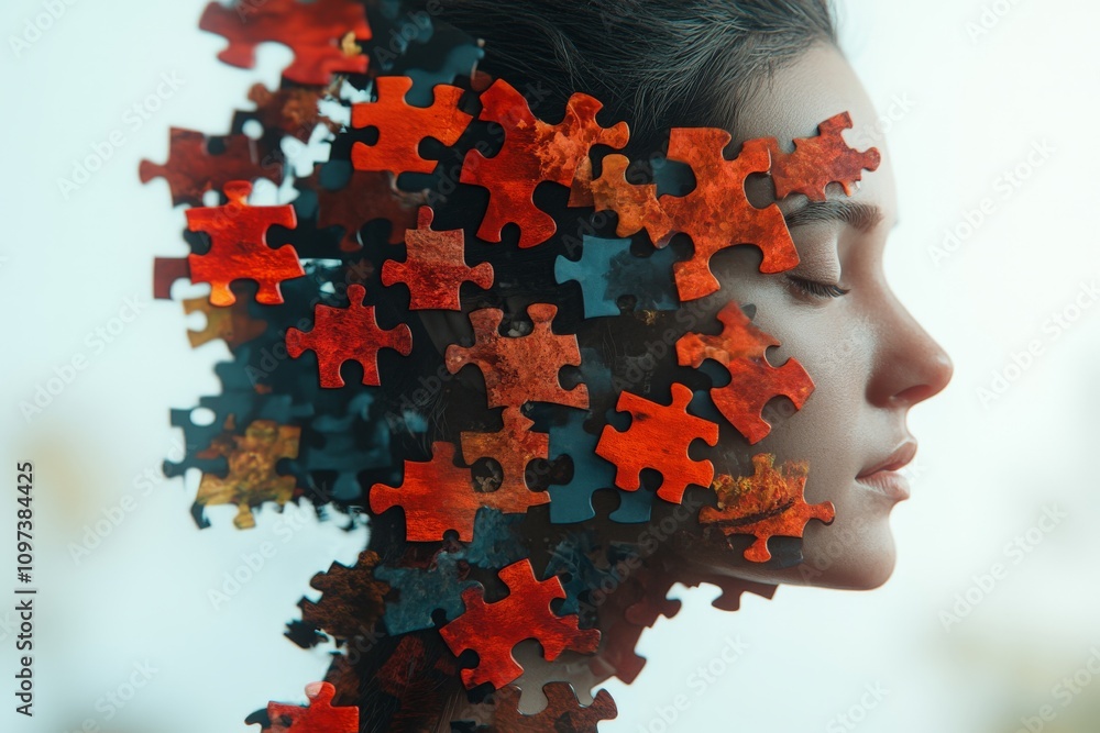 Aufkleber female profile dissolving into vibrant red puzzle pieces on a white background symbolizing problem s