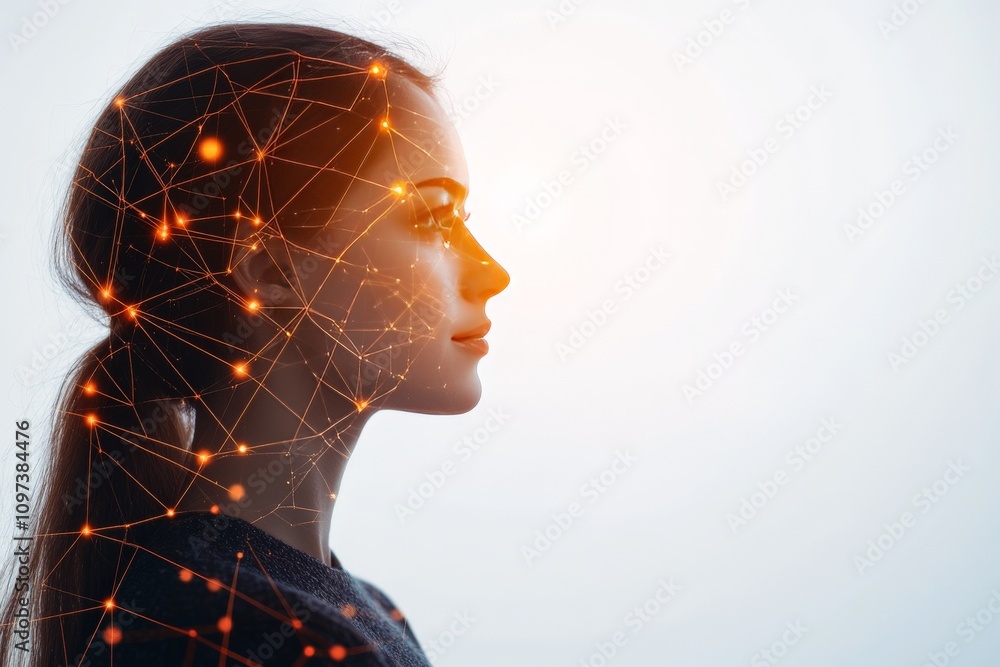 Poster female profile illuminated by glowing orange and red neural pathways symbolizing cognition intellige