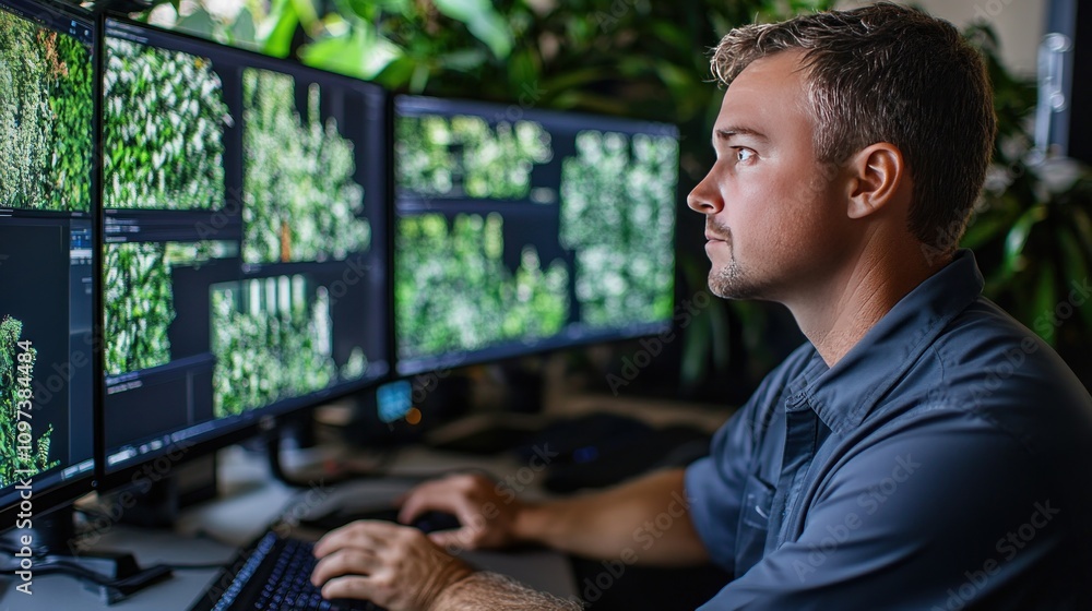 Poster research data from a large-scale environmental study being processed on multiple screens in a resear