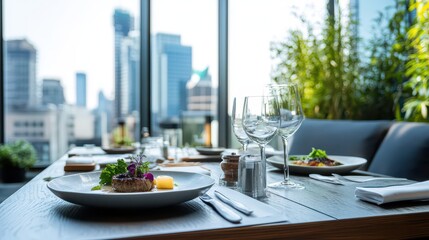 Fototapeta premium Restaurant table with food and view on skyscrapers