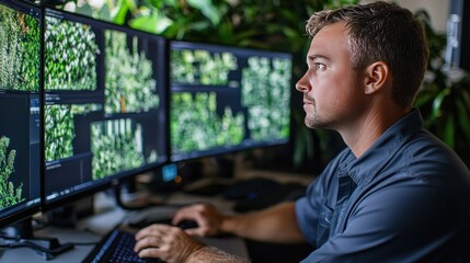 Research data from a large-scale environmental study being processed on multiple screens in a research facility