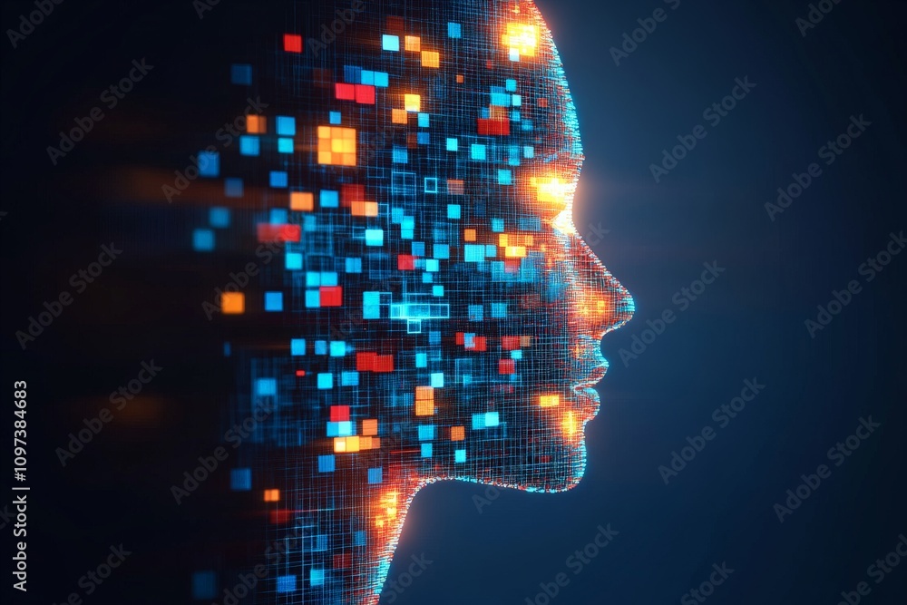 Aufkleber female profile with glowing digital puzzle elements on a black background symbolizing problem solvin