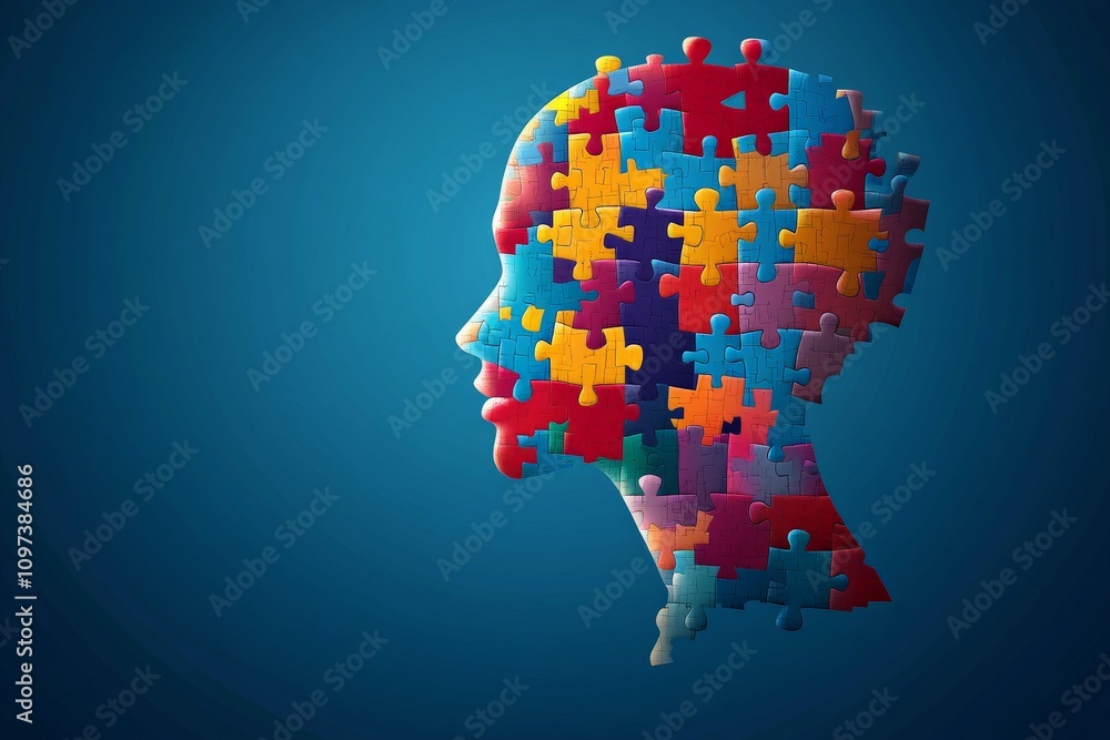 Aufkleber human profile constructed from vibrant puzzle pieces on a glowing blue background symbolizing cognit