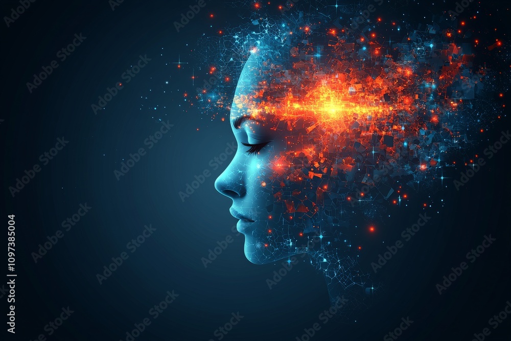Aufkleber side profile of a female figure with glowing orange neural patterns symbolizing creative energy prob