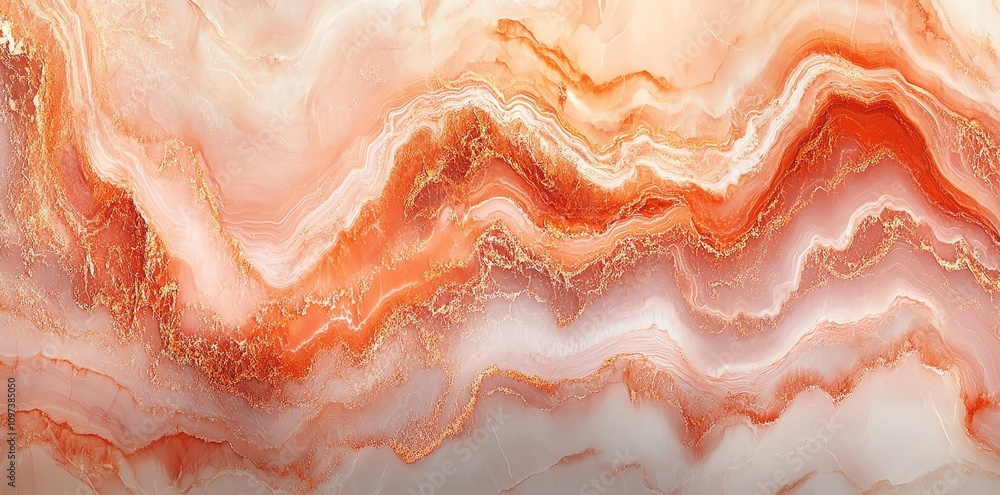 Poster abstract design featuring flowing orange and pink marble patterns with golden accents.