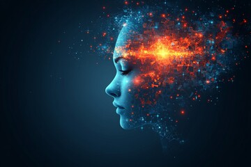 Obraz premium Side profile of a female figure with glowing orange neural patterns symbolizing creative energy problem solving and human thought processes in an abstract concept