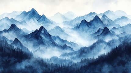 A breathtaking mountain landscape in watercolor, with mist rising over jagged peaks at dawn. Gentle shades of gray, blue, and white capture the cool, crisp air. The serene scene feels majestic 
