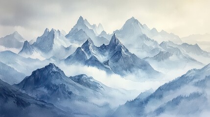 Obraz premium A breathtaking mountain landscape in watercolor, with mist rising over jagged peaks at dawn. Gentle shades of gray, blue, and white capture the cool, crisp air. The serene scene feels majestic 