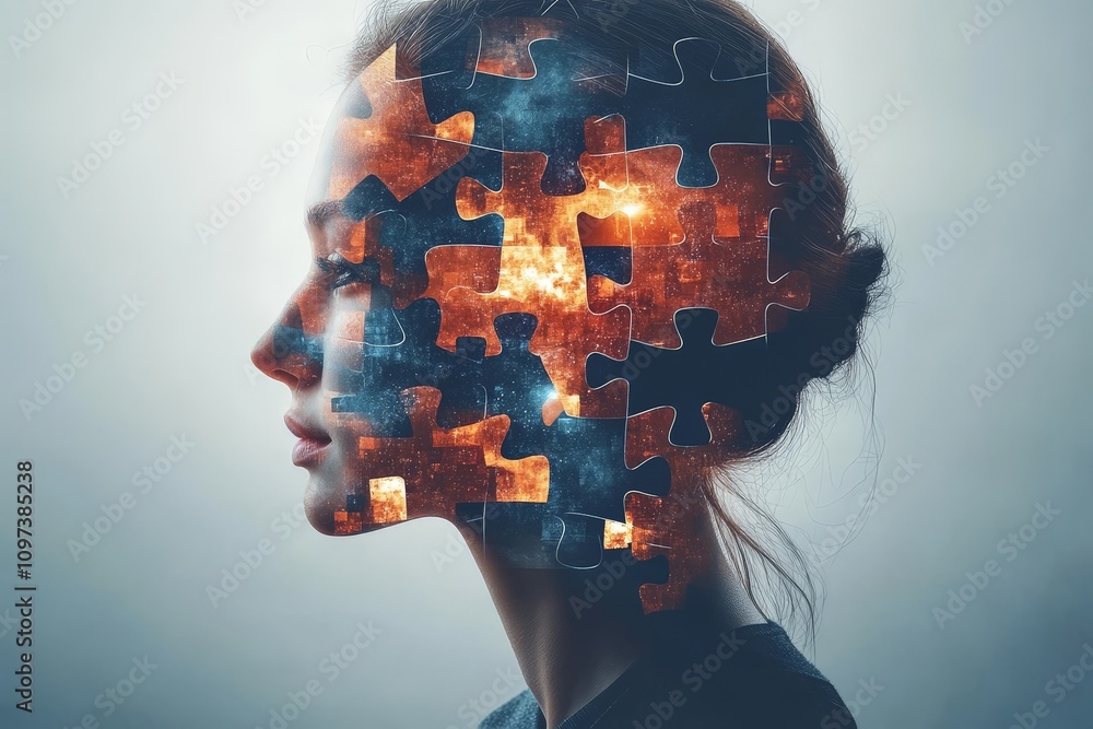 Aufkleber woman’s profile with glowing orange and red puzzle pieces over a dark background symbolizing creativ