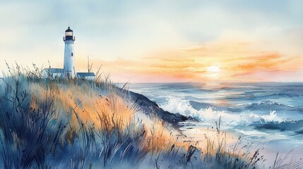 A calming watercolor of a coastal lighthouse standing on a grassy hill, with waves gently lapping the shore below. The soft hues of the sky transition from blue to peach as the sun sets. The 