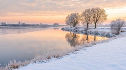 Winter Sunrise Over Frozen River With Snow Covered Banks And Trees