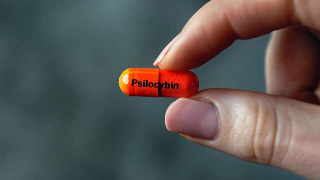 Close-Up of Hand Holding Psilocybin Capsule on Grey Background