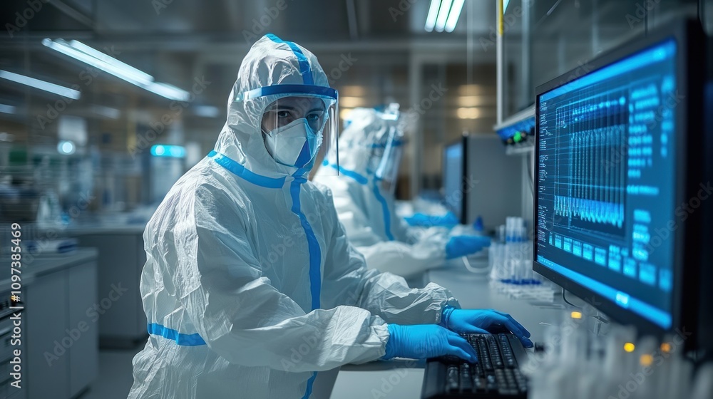 Poster researchers in protective gear analyzing data on a digital screen in a biosafety lab