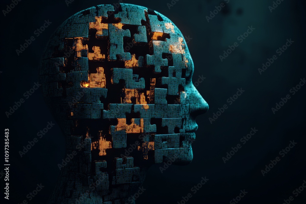 Aufkleber human head silhouette filled with interconnected puzzle pieces on a dark background symbolizing cogn