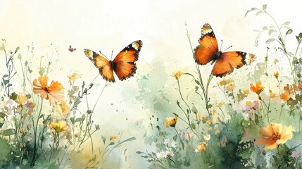 A delicate watercolor butterfly garden featuring fluttering monarchs and blooming wildflowers. Soft, vibrant colors blend harmoniously, creating a lively and enchanting composition. The airy 