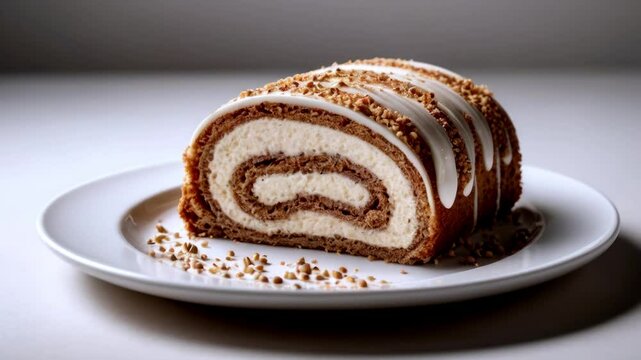 Cappuccino roll cake on the rectangle white plate over a white background