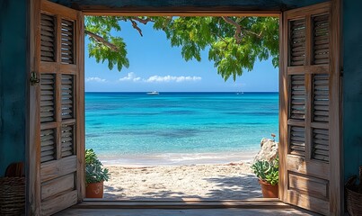 The beach viewed through an open window with wooden shutters offering a serene coastal view