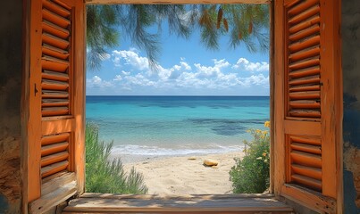 The beach viewed through an open window with wooden shutters offering a serene coastal view