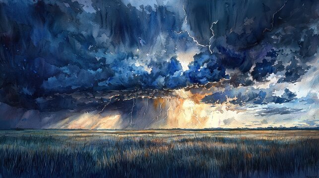 A dramatic watercolor depiction of a thunderstorm rolling across a vast prairie. Dark clouds painted in shades of gray and blue are illuminated by streaks of lightning. The contrast between 